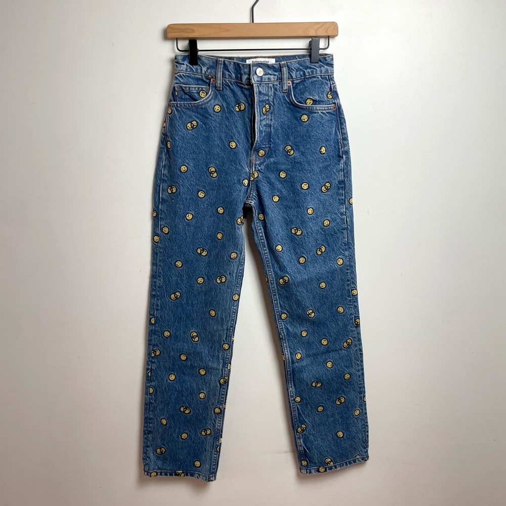 Reformation Mixed Emotions Embroidered Smiley Jeans Straight Sz 24 Whimsical